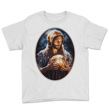 Load image into Gallery viewer, Jesus Snuggling Football Helmet T Shirt, Christian Sports Lover, Pop - Youth Tee - White