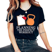 Load image into Gallery viewer, Gym Shirt, Planning The Perfect Workout Clipboard Kettlebell Tee, - Unisex T-Shirt - Black