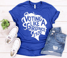 Load image into Gallery viewer, Royal Blue T-shirt Voting like a Girl since 1920 19th Amendment Anniversary 100th Women Democrats Election Vote Feminism Equality Gift
