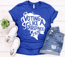 Load image into Gallery viewer, Royal Blue T-shirt Voting like a Girl since 1920 19th Amendment Anniversary 100th Women Democrats Election Vote Feminism Equality Gift