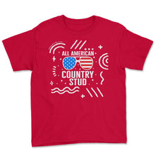 Load image into Gallery viewer, 4th Of July Shirt, All American Country Stud USA Flag Sunglasses - Youth Tee - Red