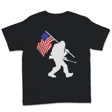 Load image into Gallery viewer, Bigfoot Holding Hunting Rifle Hunt Gun USA American Flag Vintage