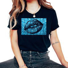 Load image into Gallery viewer, Women's 80s &amp; 90s Motto Kissing Lips Motif Vintage Blue V Neck - Unisex T-Shirt - Black

