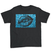 Load image into Gallery viewer, Women's 80s &amp; 90s Motto Kissing Lips Motif Vintage Blue V Neck - Youth Tee - Black
