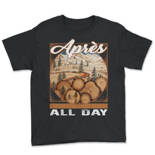 Load image into Gallery viewer, Apres All Day Ski Tree Ring History Skiing Evolution Wooden Ski Era - Youth Tee - Black
