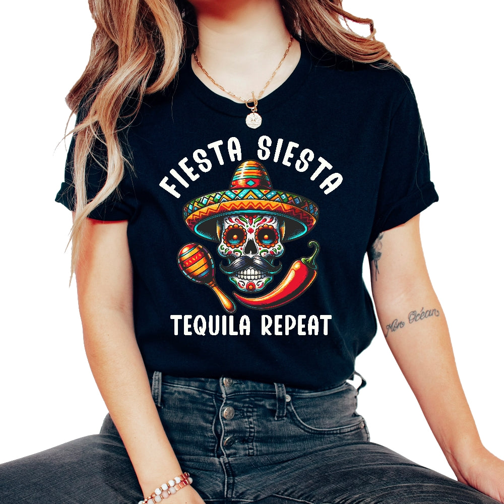 Fiesta Siesta Tequila Repeat Funny Mexican Cinco De Mayo T Shirt - Unisex T-Shirt - Black