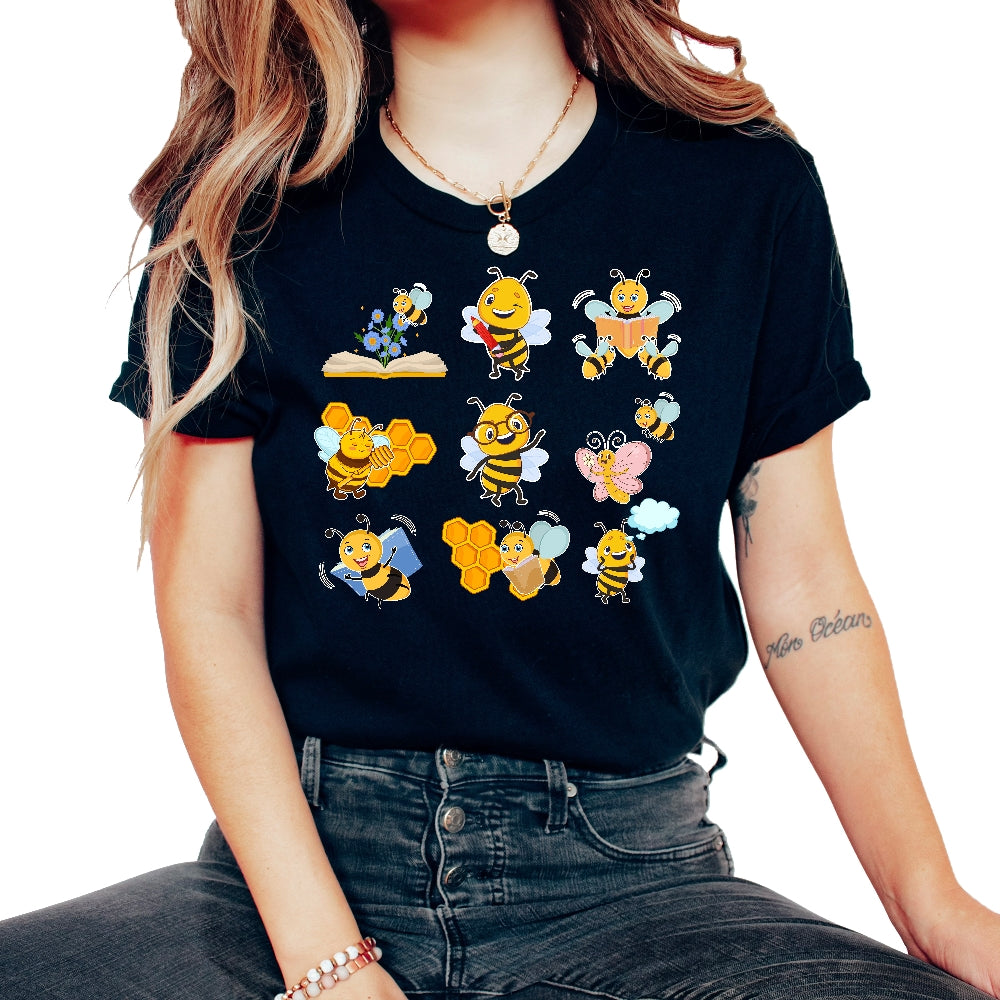 Book Shirt, Nine Bee Flower Book Storytime Adventure Honey Hive Tee, - Unisex T-Shirt - Black