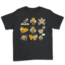 Load image into Gallery viewer, Book Shirt, Nine Bee Flower Book Storytime Adventure Honey Hive Tee, - Youth Tee - Black
