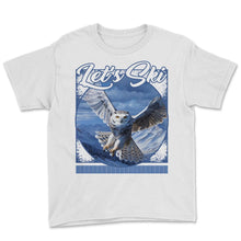 Load image into Gallery viewer, Let’s Ski Snowy Owl Flight Twilight Mountains Graceful Wingspan - Youth Tee - White
