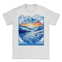 Load image into Gallery viewer, Let’s Ski Abstract Alpine Art Gradient Glades Geometric Skiing - Unisex T-Shirt - White
