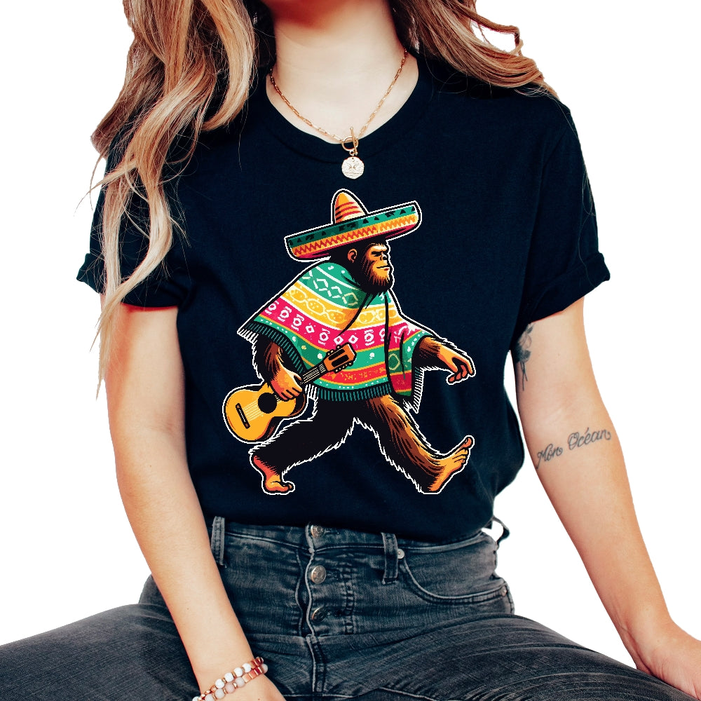 Bigfoot Sombrero Poncho Guitar Mexican Mexico Cinco De Mayo T Shirt - Unisex T-Shirt - Black