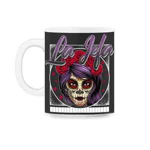 Dia De Los Muertos Shirt, La Jefa Sugar Skulls Red Floral Tee, - 11oz Mug - Black on White