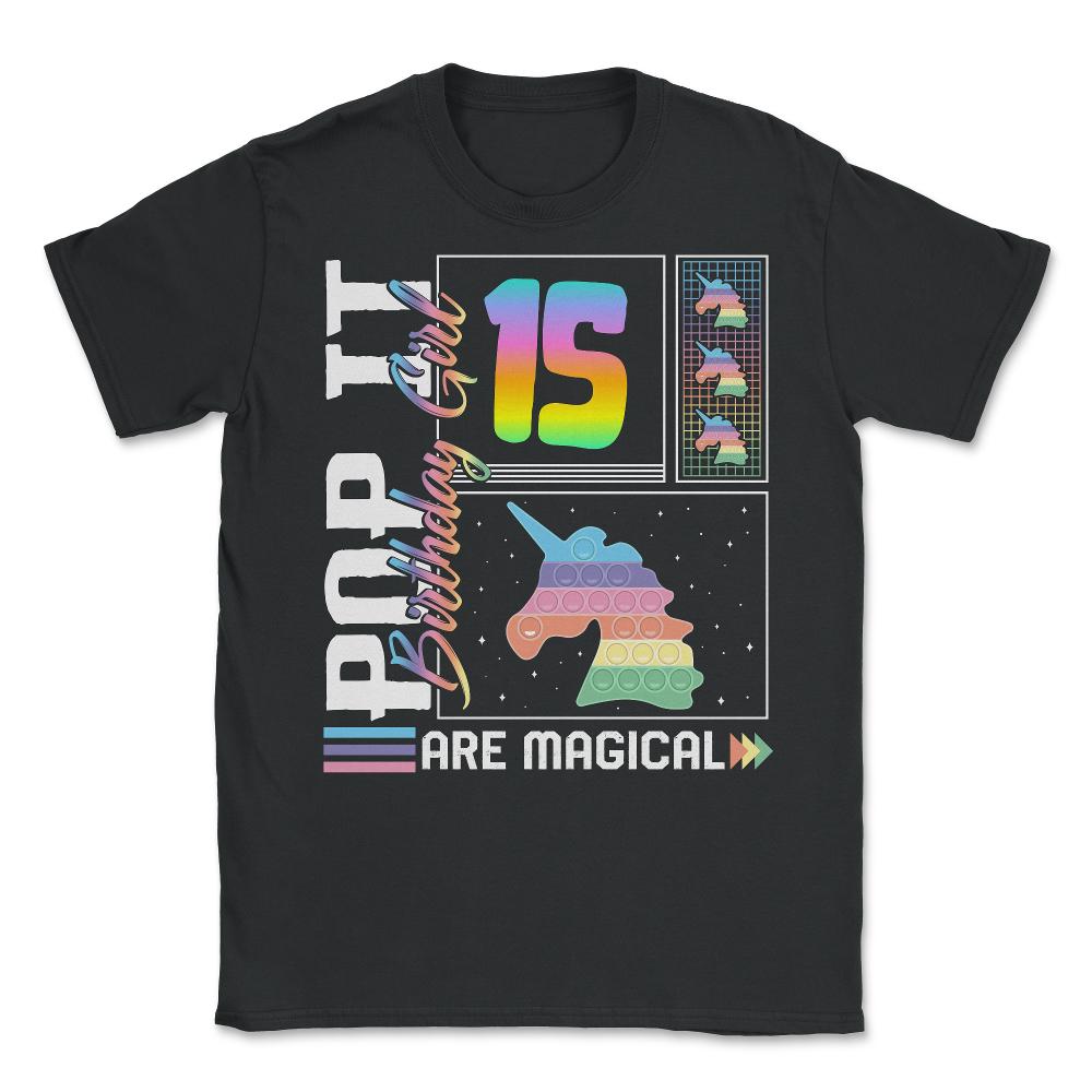 15th Birthday Girl Unicorn Cute Tee, Pop Birthday Party Theme Costume - Unisex T-Shirt - Black