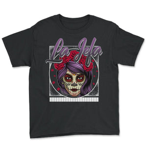 Dia De Los Muertos Shirt, La Jefa Sugar Skulls Red Floral Tee, - Youth Tee - Black