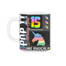 Load image into Gallery viewer, 15th Birthday Girl Unicorn Cute Tee, Pop Birthday Party Theme Costume - 11oz Mug - Black on White
