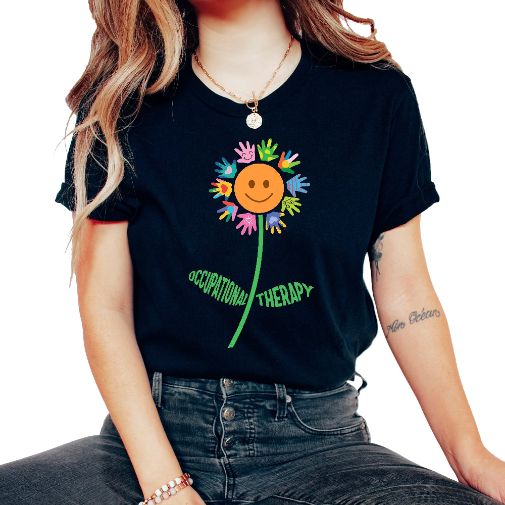 Occupational Therapy Shirt, OT Helping Hands Sunflower Tee, - Unisex T-Shirt - Black