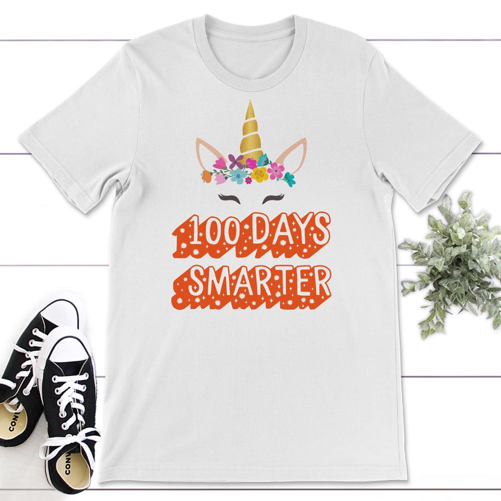 100 Days Smarter, Funny 100 Days School Unicorn Tee, Teacher And