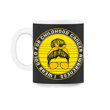 Load image into Gallery viewer, Childhood Cancer Awareness Shirt, I Wear Gold Messy Bun Ribbon Tee, - 11oz Mug - Black on White
