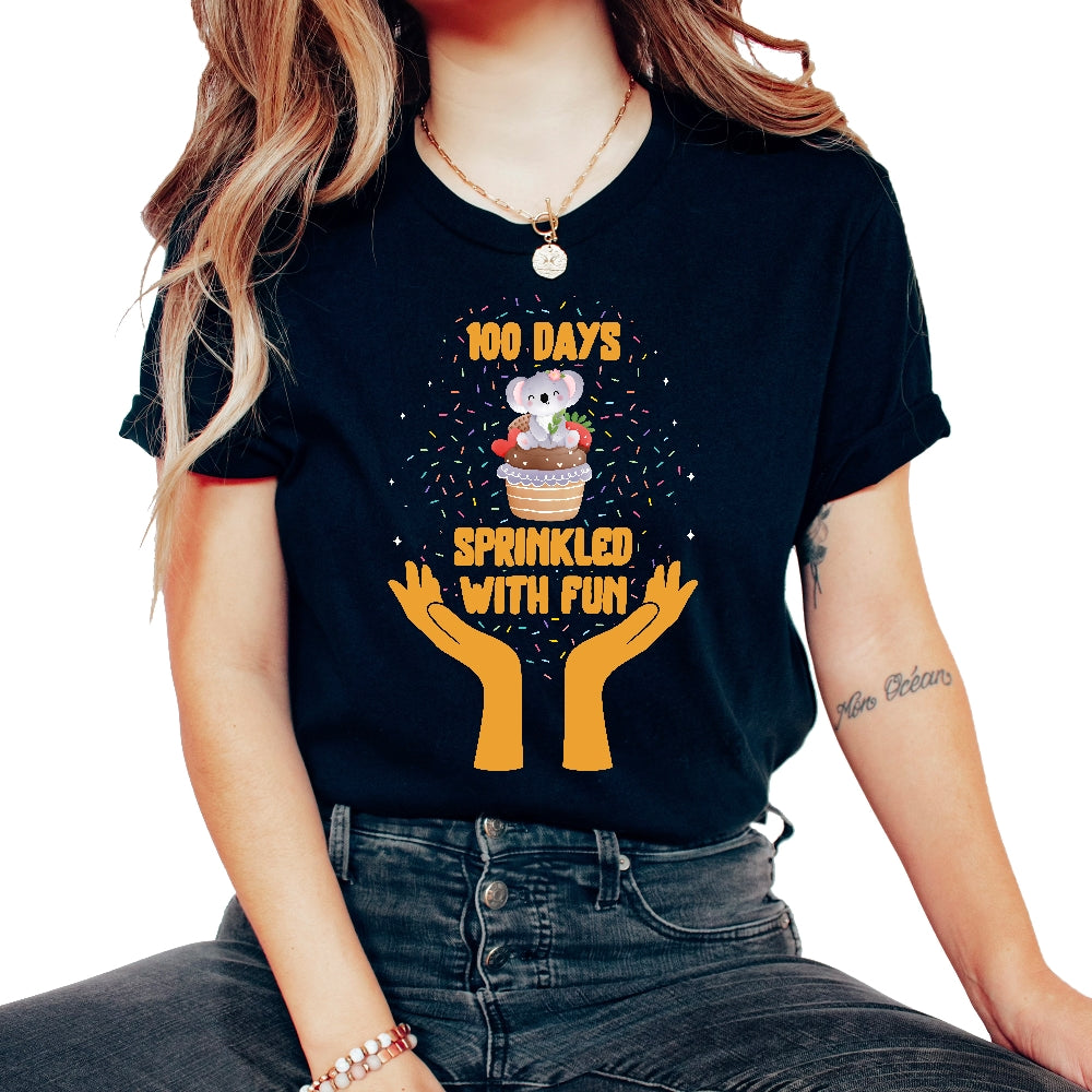 School Shirt, 100 Days Of Sprinkled With Fun Koala Cupcake Tee, Back - Unisex T-Shirt - Black