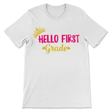 Load image into Gallery viewer, Hello First Grade Student Teacher Colorful Back To School Gold Crown
