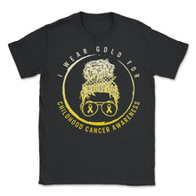 Load image into Gallery viewer, Childhood Cancer Awareness Shirt, I Wear Gold Messy Bun Ribbon Tee, - Unisex T-Shirt - Black
