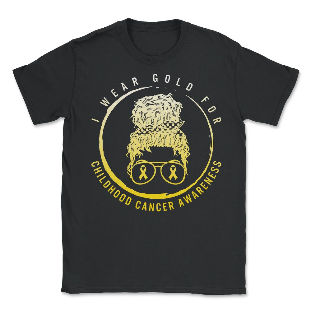 Childhood Cancer Awareness Shirt, I Wear Gold Messy Bun Ribbon Tee, - Unisex T-Shirt - Black