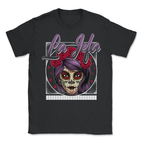 Dia De Los Muertos Shirt, La Jefa Sugar Skulls Red Floral Tee, - Unisex T-Shirt - Black